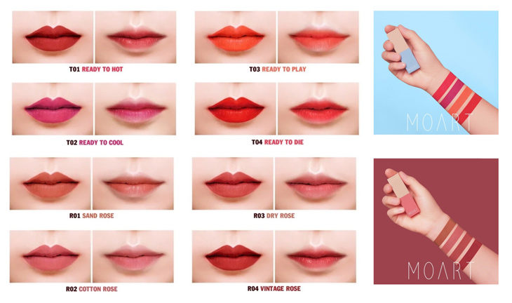 Bảng màu son Moart Velvet Lipstick có 8 tone màu