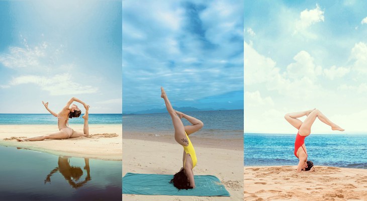 Chụp ảnh đi biển tư thế tạo dáng yoga