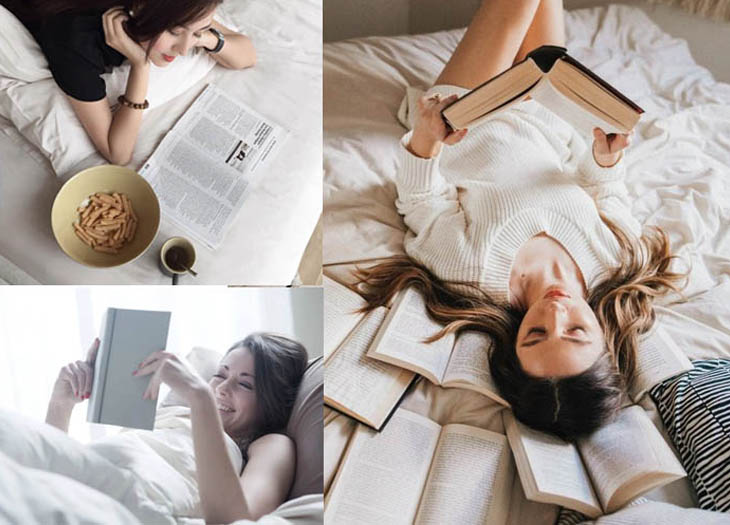 Tạo dáng đọc sách trên giường là cách chụp ảnh được nhiều người áp dụng