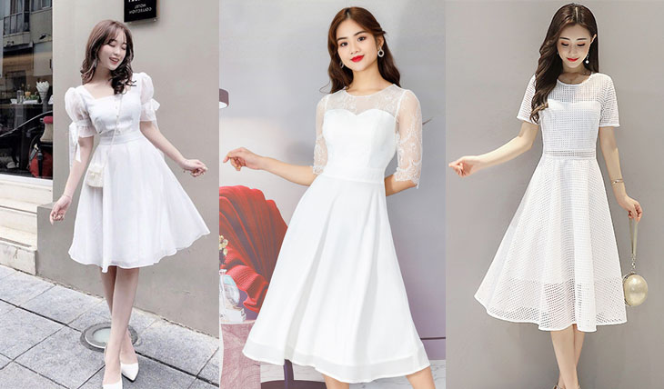 Váy trắng dáng xòe giúp tôn phần eo thon gọn của nàng