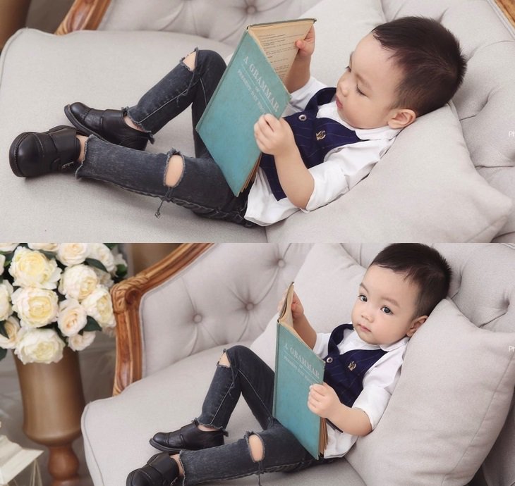 Tạo dáng bé trai đọc sách