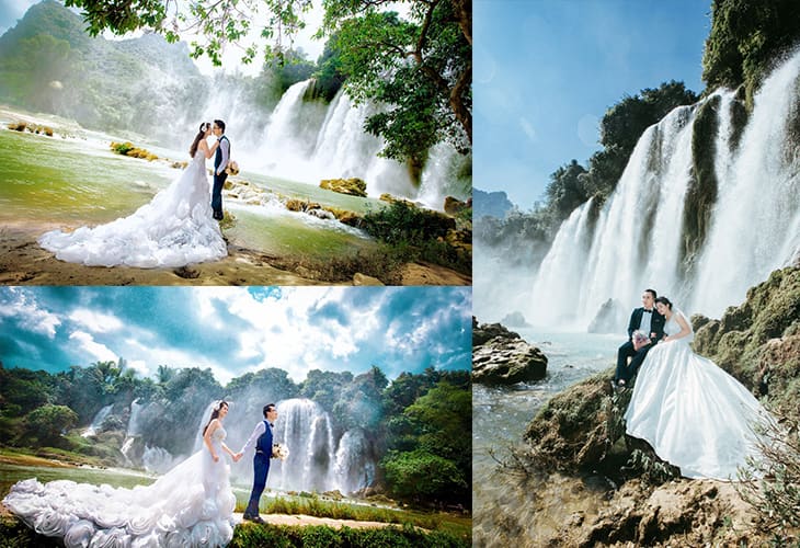 Tạo dáng chụp ảnh cưới với thác nước