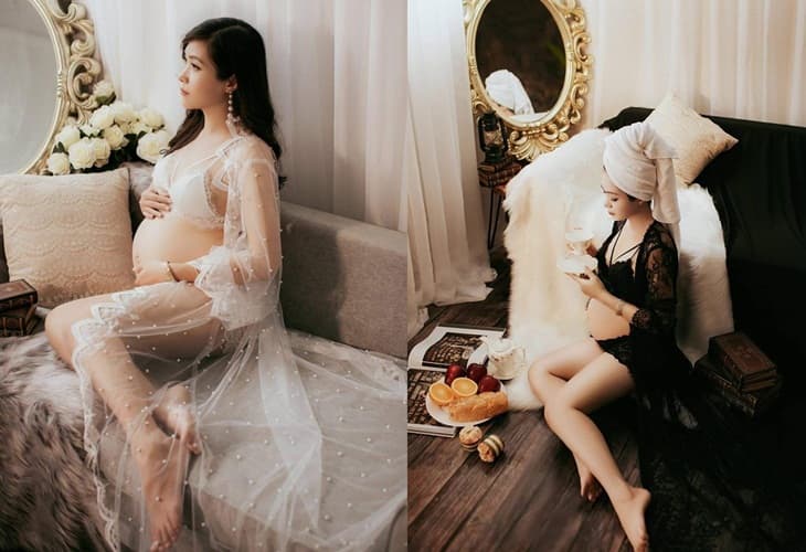 Mẹ bầu có thể thử tạo dáng ngồi co chân trong những shoot hình cá nhân
