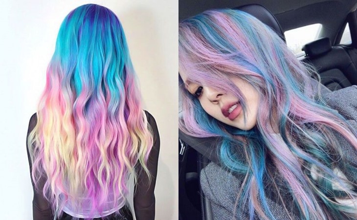 Móc light xanh dương với nền tóc màu cầu vồng