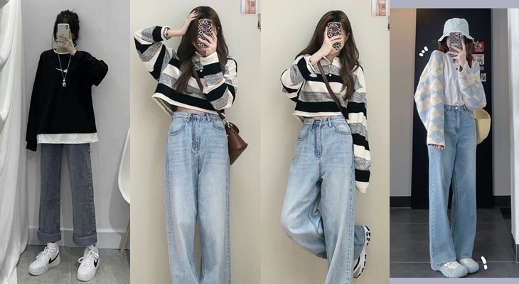 Áo thun dài tay kết hợp với quần jean cho nàng đi học
