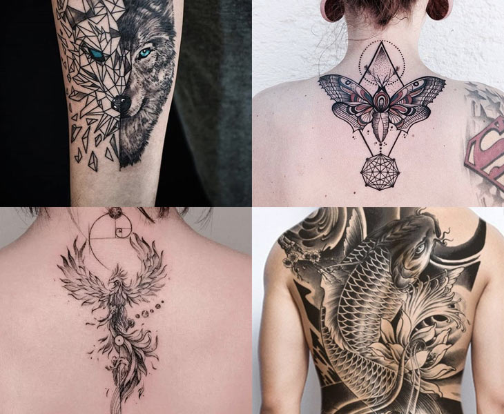Các hình mẫu tattoo phối hợp thân mật hoa lá và động vật 